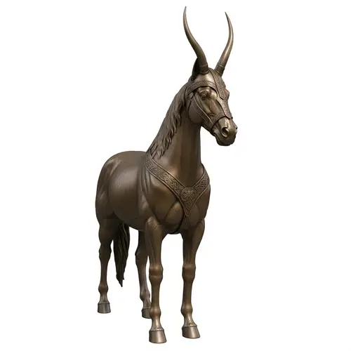 Bronze Horse Statue with Loki's Horned Helmet