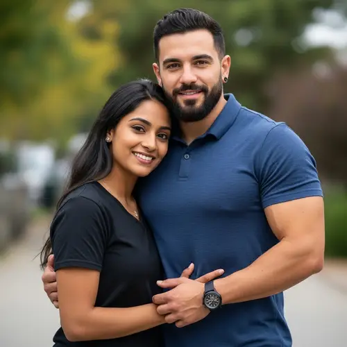 Loving South Asian Woman and Muscular Hispanic Man Couple