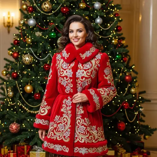 Charming Woman in Red Fur Coat Standing by Christmas Tree