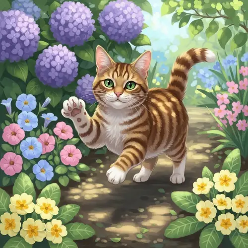 Playful Domestic Cat in Sunlit Garden | Whimsical Digital Painting