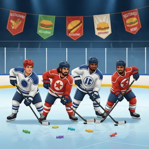 Multi-Ethnic Ice Hockey Players in Food-themed Environment