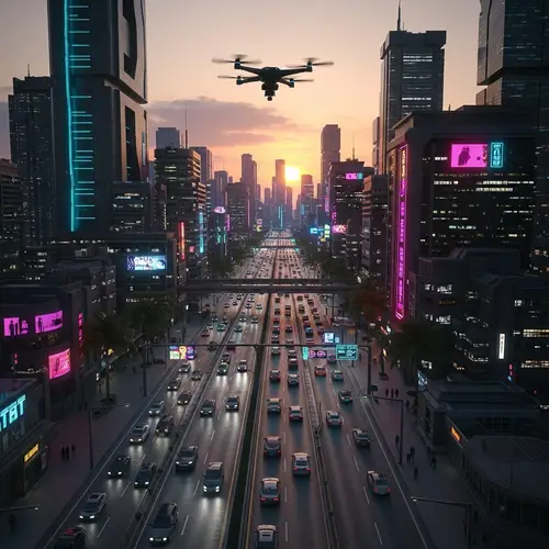 Futuristic Cyberpunk Cityscape at Sunset | High-Tech Urban Scene
