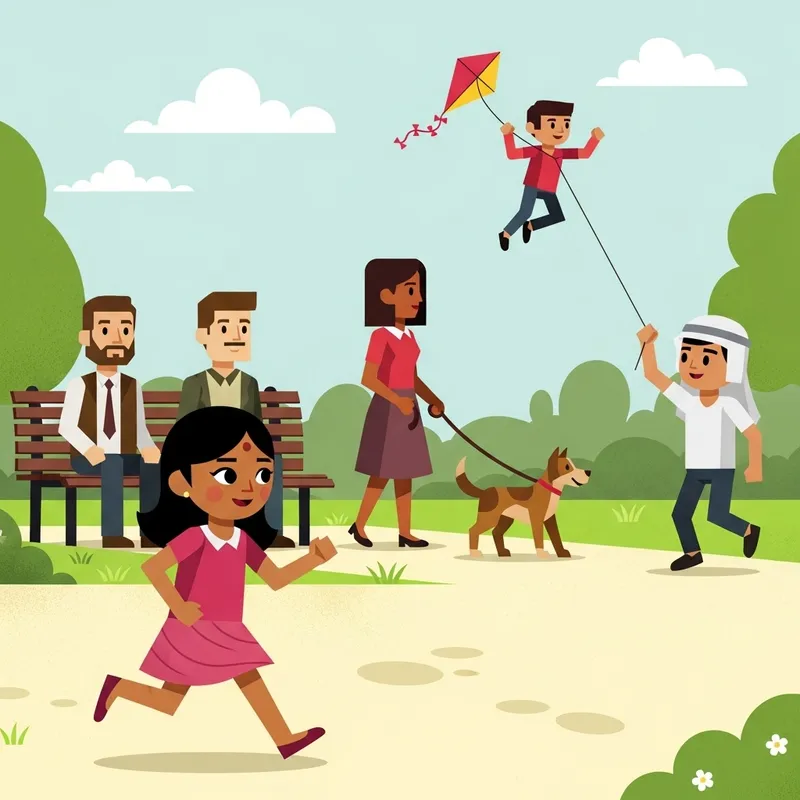 Flat Illustration of Geometric Figures with Running Girl in Park