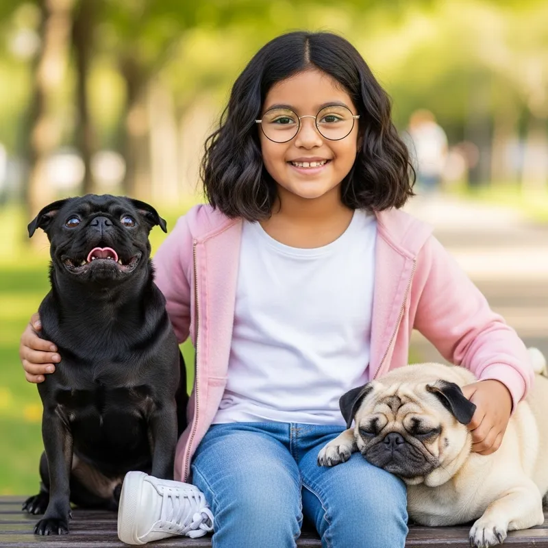 Young Hispanic Girl with Black Hair and Pugs Young Hispanic Girl with Black Hair and Pugs