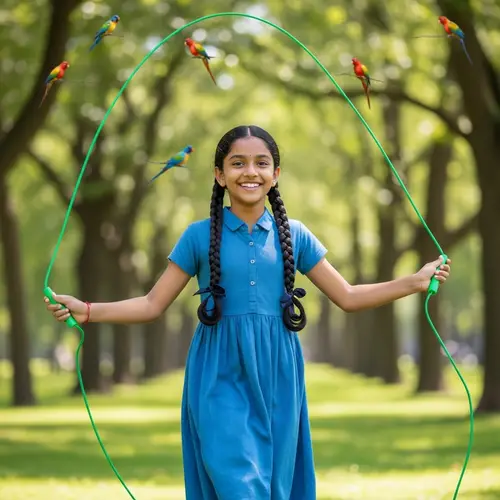 Happy South Asian Girl Skipping Rope in Lush Park | Pure Joy