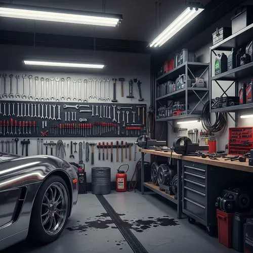 Automotive Workshop: Tools, Vehicle, and Workspace Ambiance