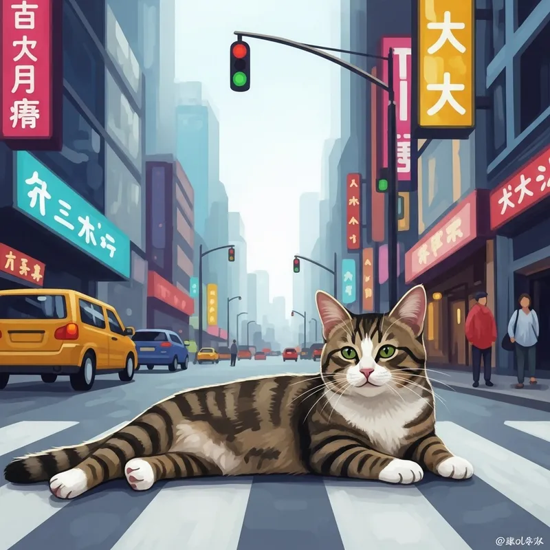 Colorful Tabby Cat Relaxing on City Street | Playful Illustration