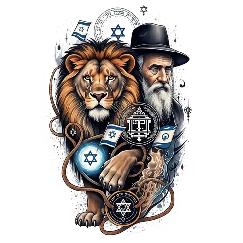 Israel Kabbalah Tattoo Design with Rabbi & Lion of Judah