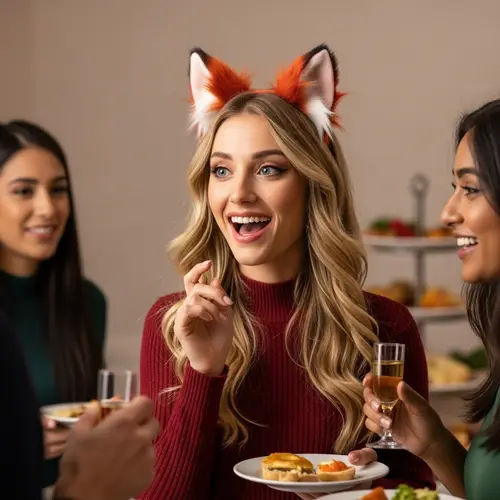 Beautiful Adult Girl with Blond Wavy Hair and Red Fox Ears