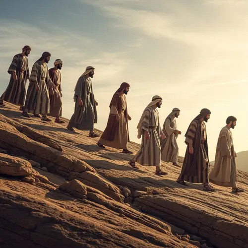 Diverse Group of Disciples Ascending Rocky Hill in Ancient Israel