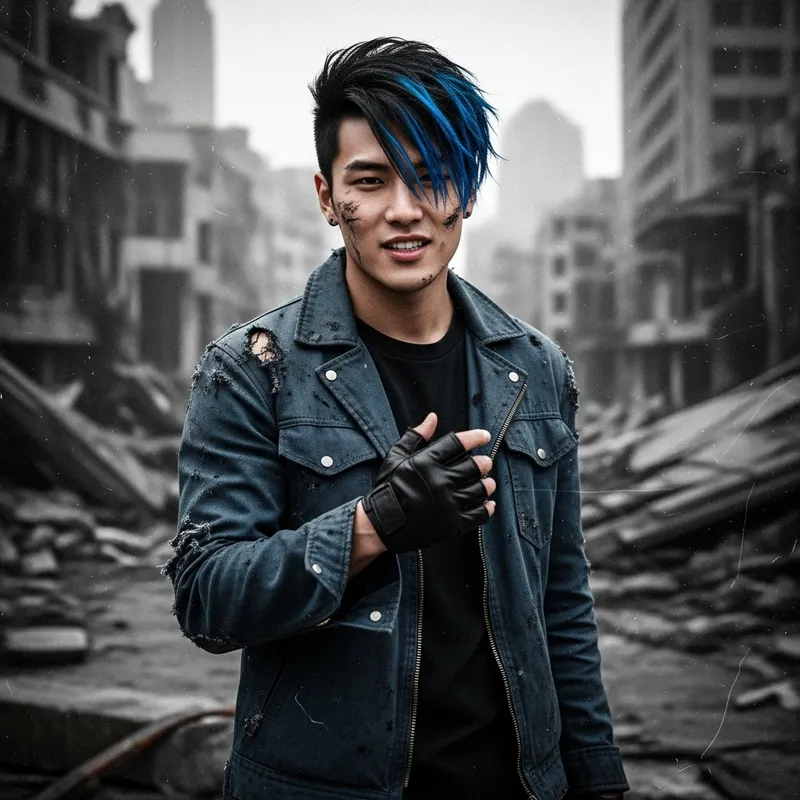 Resilient Asian Man in Post-Apocalyptic Setting | Black and Blue Aesthetic