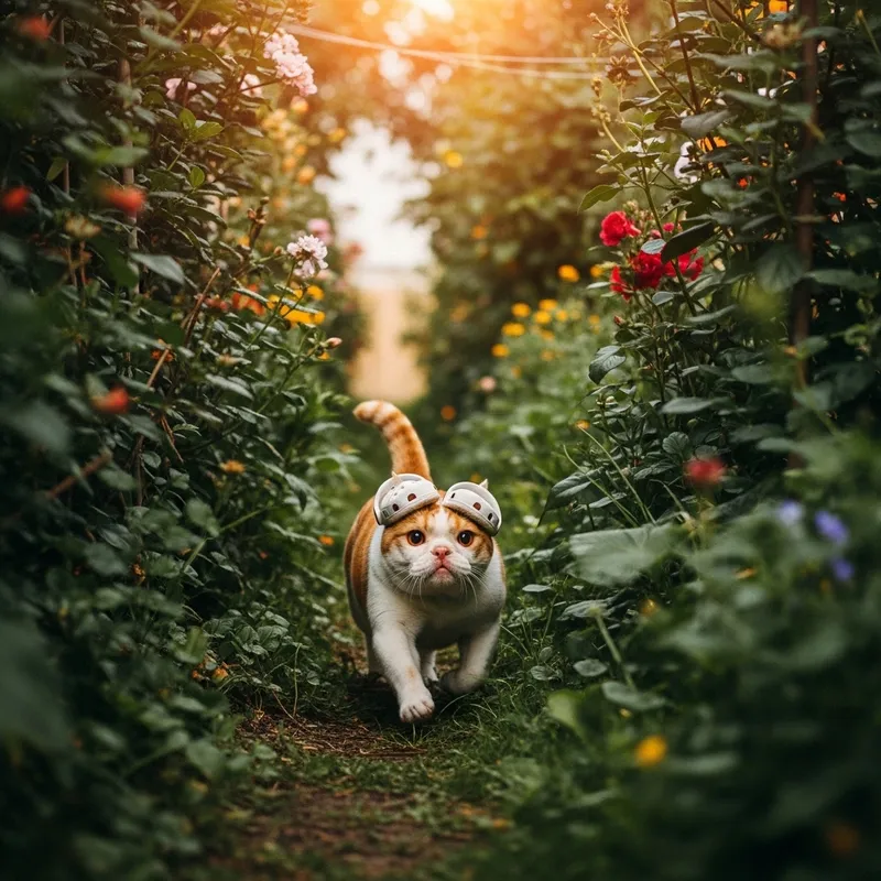 Happy Bulldog Cat in Crocs Exploring Botanical Wonderland