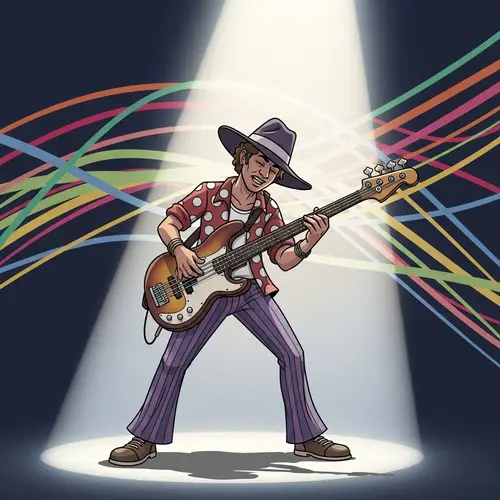 Cartoon Character Playing Bass Guitar on Colorful Stage