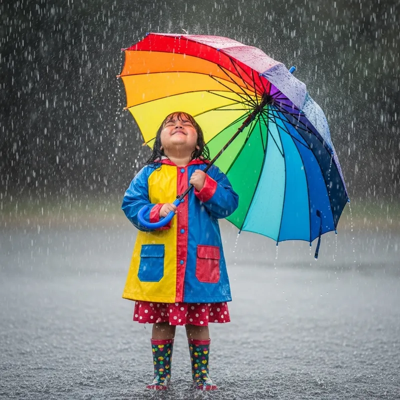 Chubby Girl Dances in Rain with Rainbow Umbrella