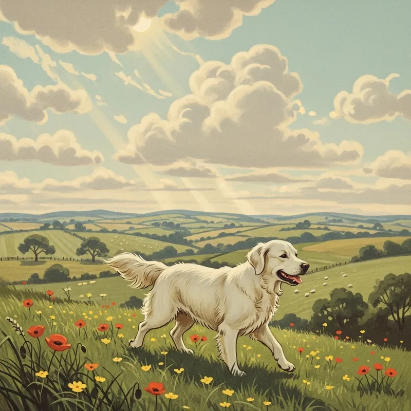 Vintage White Golden Retriever in Sunlit Countryside Illustration