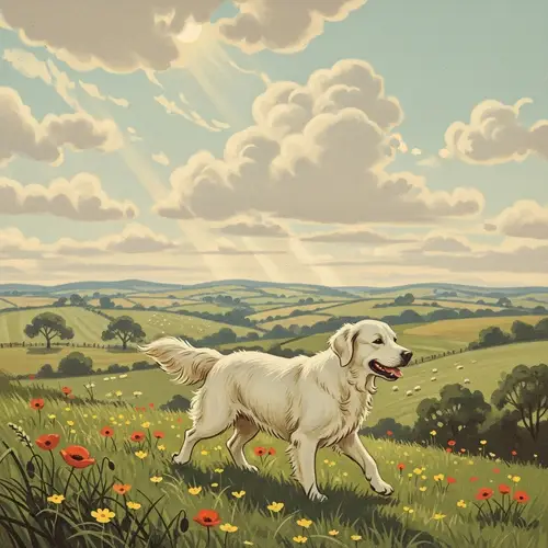 Vintage White Golden Retriever in Sunlit Countryside