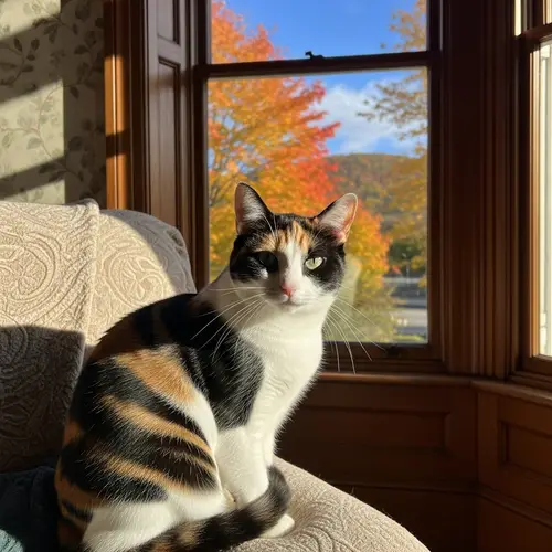 Calico Cat Basking in Sunlight | Autumn Colors View