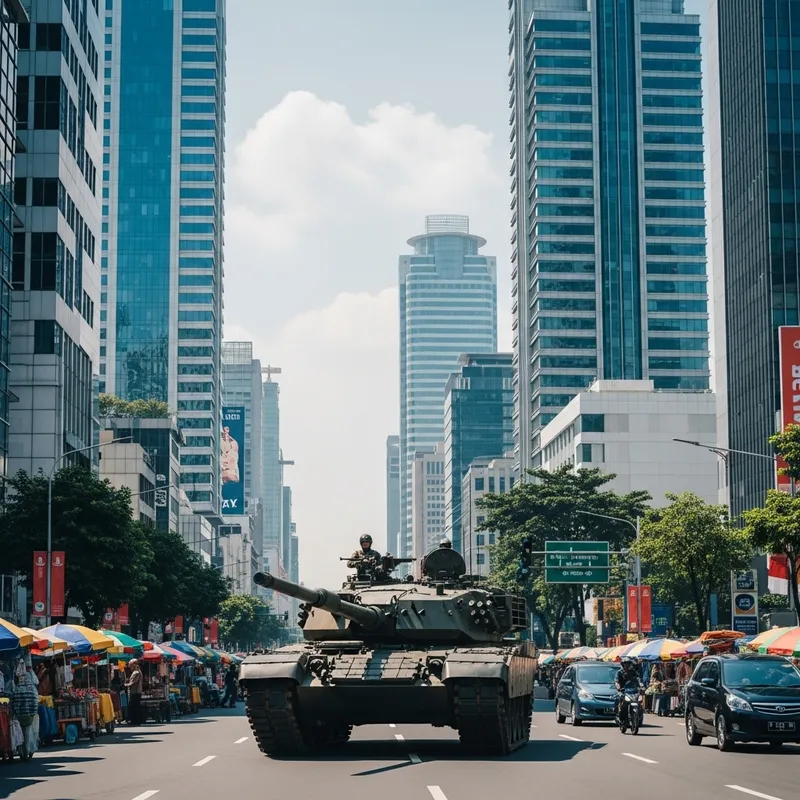 Tank Marching in Jakarta - Urban Streets with Skyscrapers