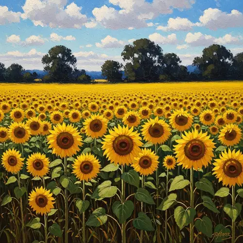 Vibrant Sunflower Field, Impressionist Painting