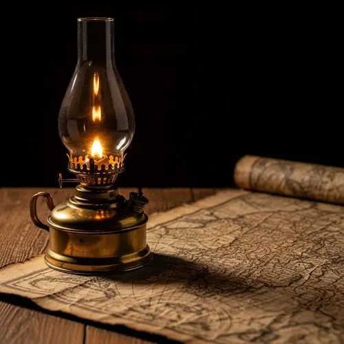 Rustic Oil Lamp Illuminating Antique Map | Warm Glow Scene