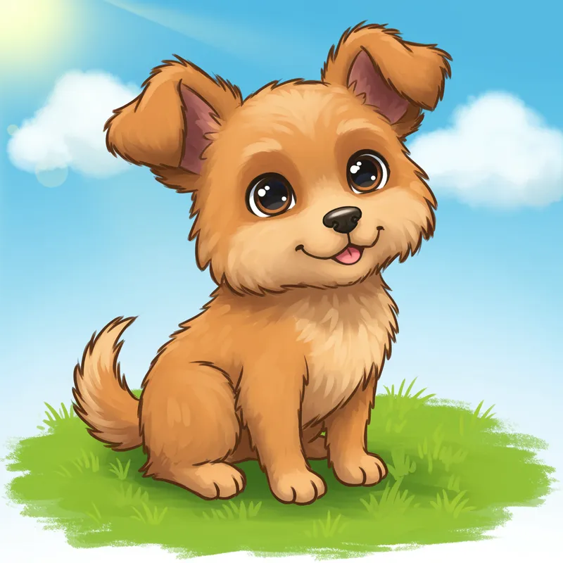 Cute Cartoon Puppy with Big Ears and Fluffy Fur