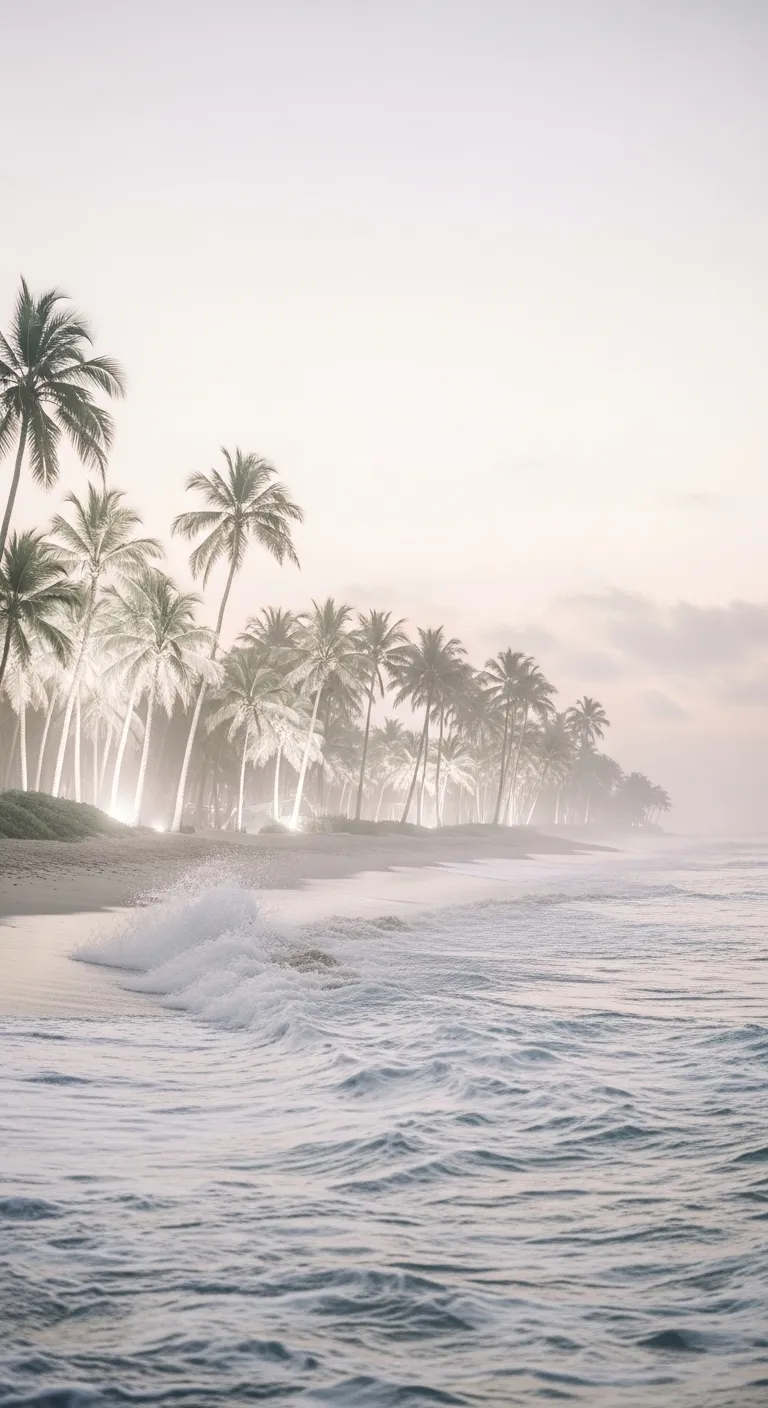 Tranquil Beach Scene at Dusk with Illuminated Palm Trees