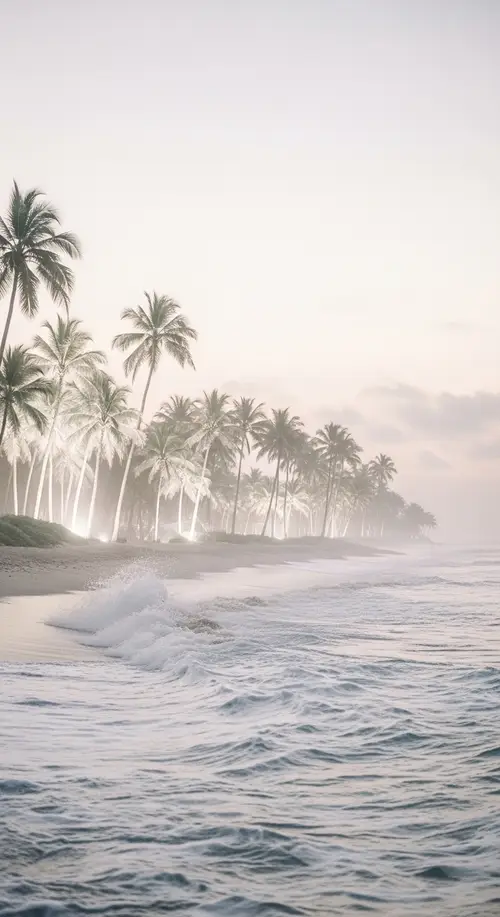 Serene Beach Scene at Dusk with Illuminated Palm Trees