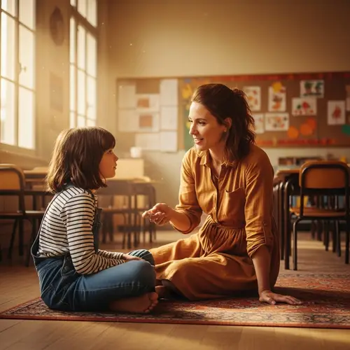 Charming Teacher and Student in a Warm Classroom