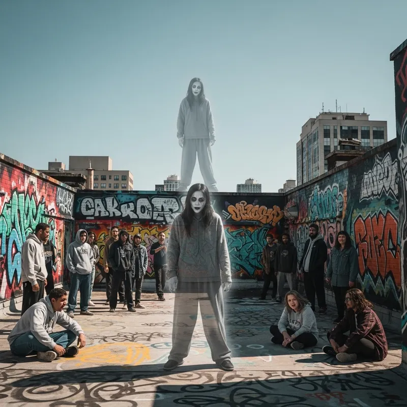 Ethereal Ghostly Presence Among Hipster Crowds on Graffiti Rooftop