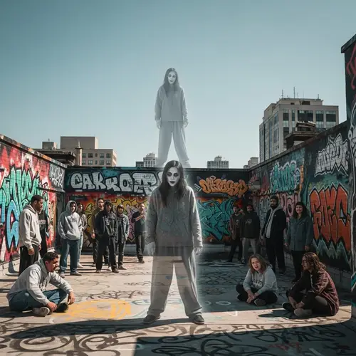 Ethereal Ghost Girl Among Hipster Crowds on Graffiti Rooftop