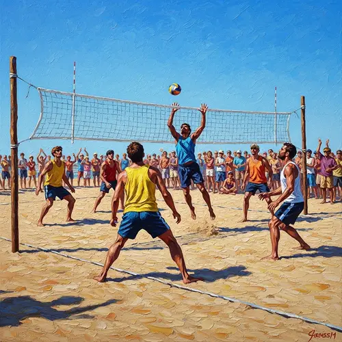 Lively Volleyball Match in Oil Painting