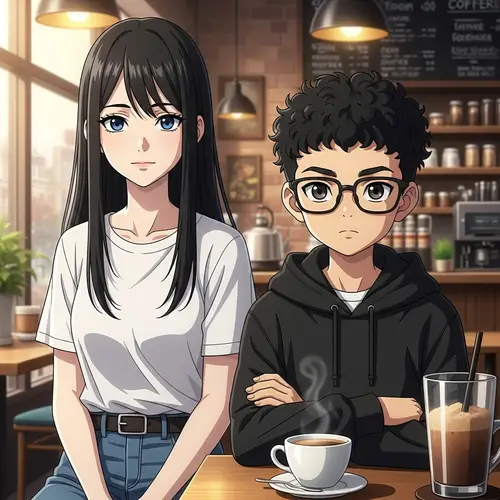 Anime-Style Young Girl and Boy Café Scene