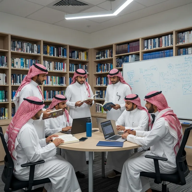 Saudi Male Graduate Students Engaged in Scholarly Discussion