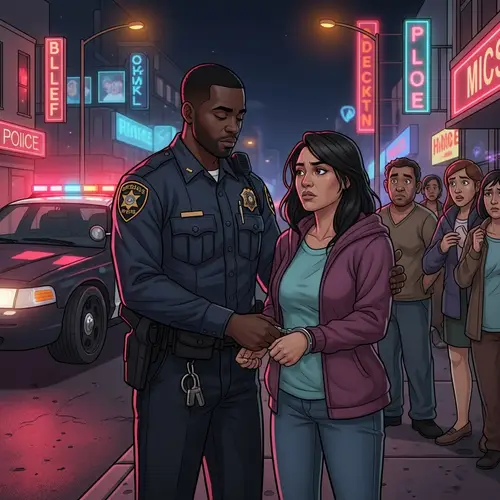 Urban Night Arrest: Black Male Officer Calmly Apprehends Hispanic Female