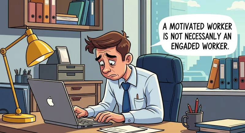 Humorous Cartoon Office Scene: Engagement vs. Motivation