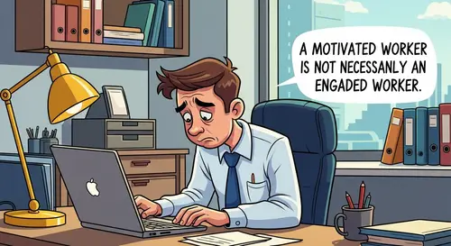 Humorous Cartoon Office Scene: Engagement vs. Motivation