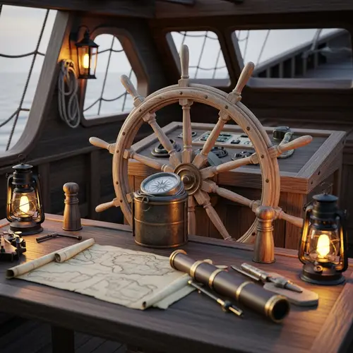 Pirate Ship Helm: Wooden Wheel & Navigation Tools | Adventure at Sea