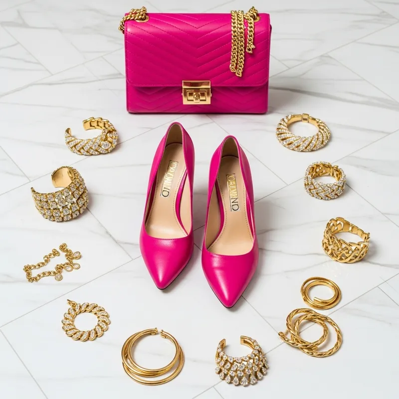 Elegant Pink Heels, Purse, and Gold Jewelry | Stylish Accessories