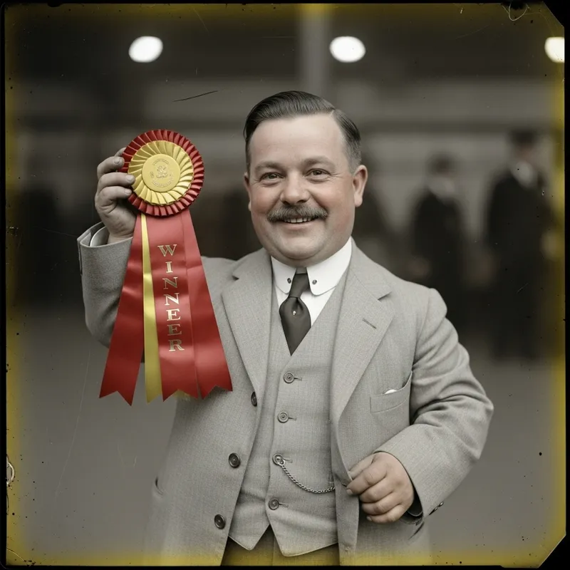 Vintage Small Chubby Man Receiving Champion Ribbon