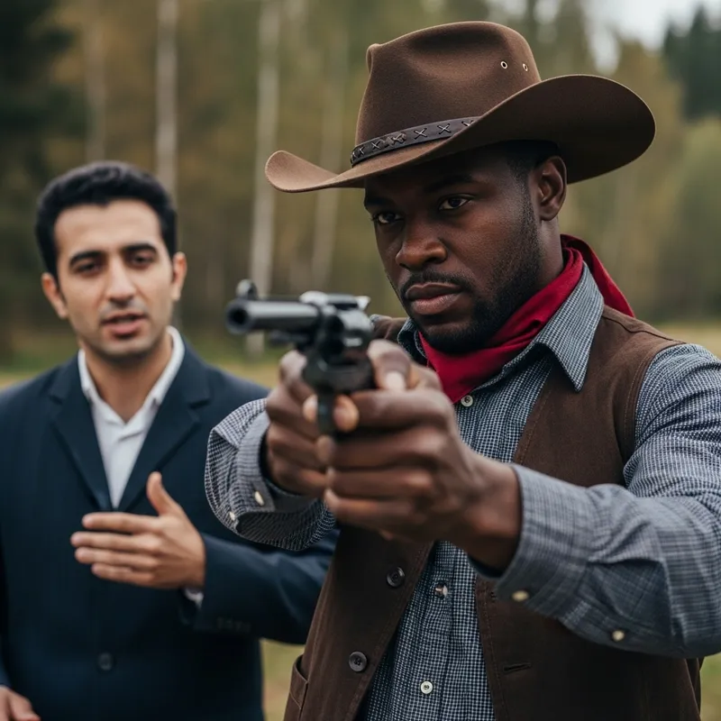 Gritty African American Cowboy Aiming with Revolver at Uzbek Man
