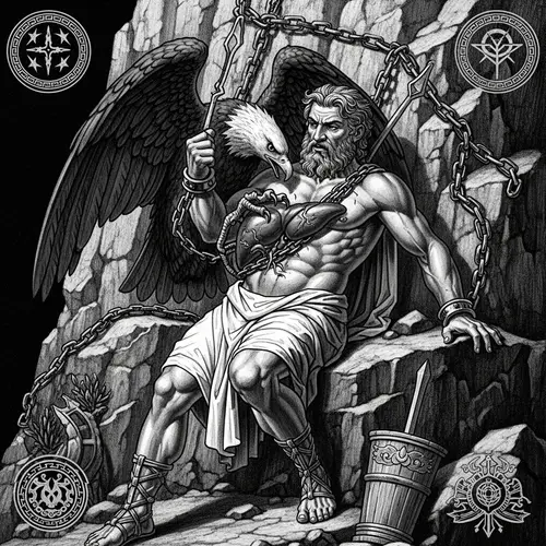 Prometheus in Greek Mythology: Enduring Eagle Assault on Rocky Outcrop
