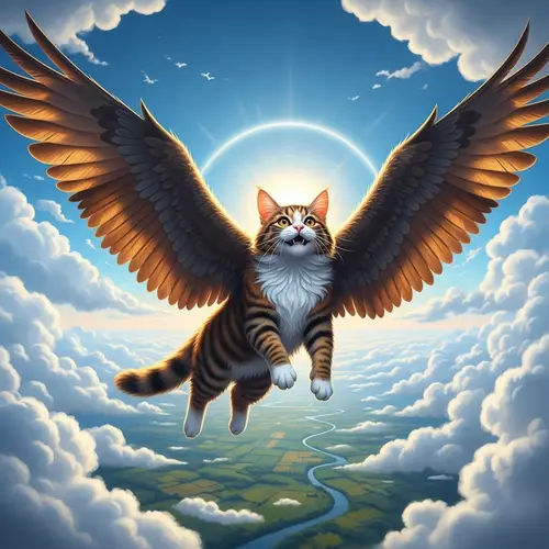 Majestic Flying Feline Soaring Through Blue Sky