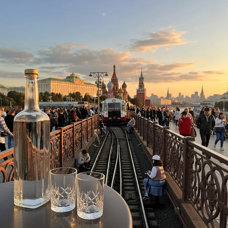 Panoramic Moscow Sunset View with Vodka Railway Scene