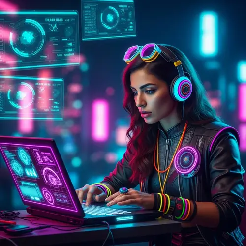 Futuristic Middle-Eastern Woman Working on Sleek Laptop in Cyberpunk Setting