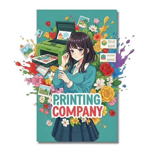 Vibrant Printing Company Poster with Anime Girl and Printing Elements