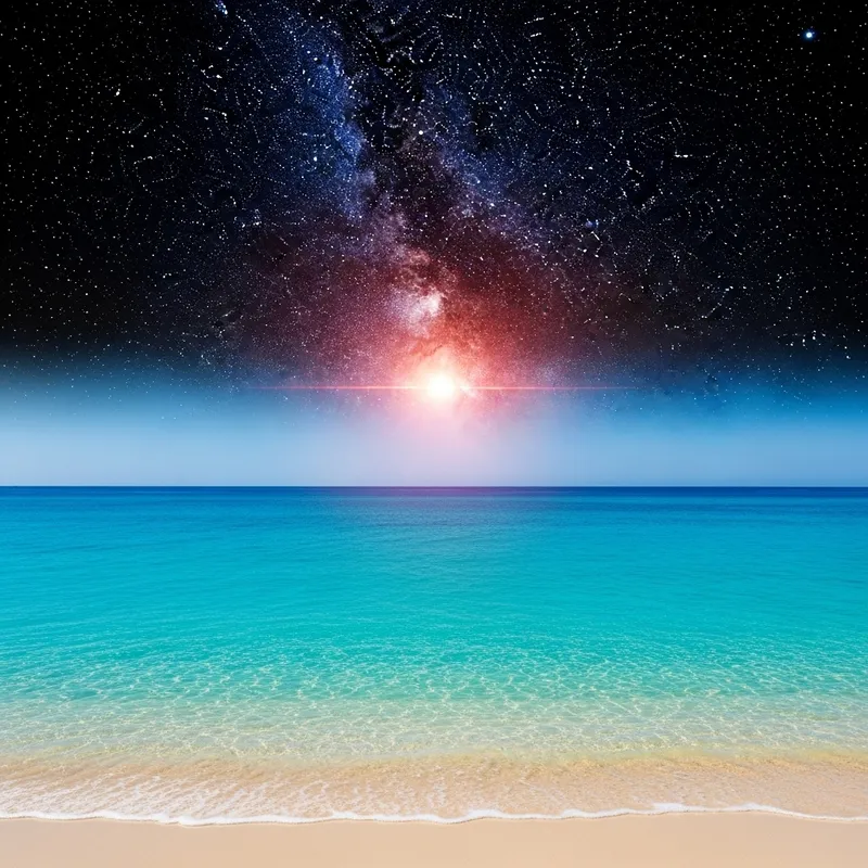 Bright Seascape and Cosmic Starry Universe View