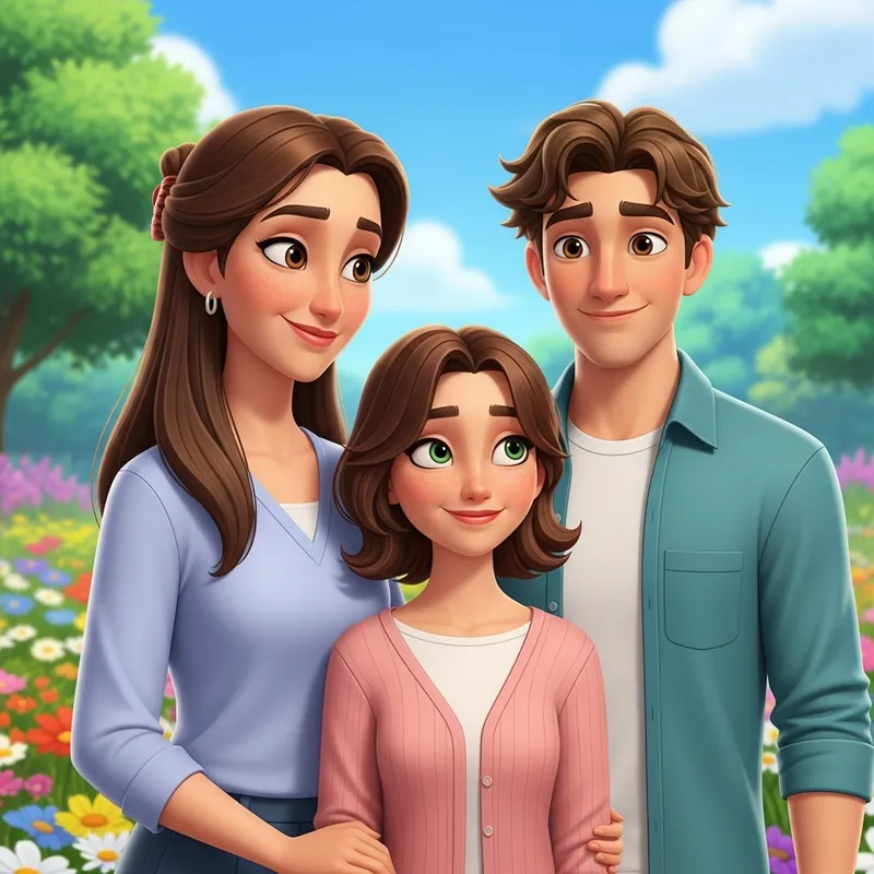 Modern Animated Style: Mother with Long Brown Hair & Kids in Flower Garden