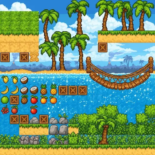 Pixel Art Tileset: Quirky Anthropomorphic Creature in Tropical Island World