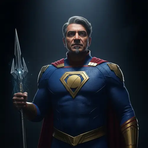 Fictional Hero in Royal Blue Uniform with Futuristic Spear