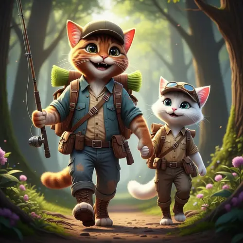 Animated Male and Female Cats in Explorer's Attire Walking in Forest